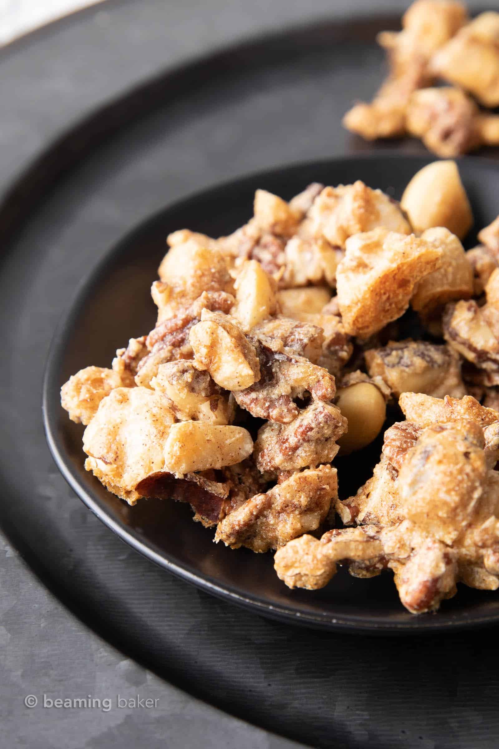 Keto Nut Clusters: just 3 ingredients and 5 minutes of prep for crispy, crunchy keto nut clusters with a sweet, nutty chew. Low Carb, Keto Nuts. #Keto #LowCarb #Nuts #KetoNuts | Recipe at BeamingBaker.com