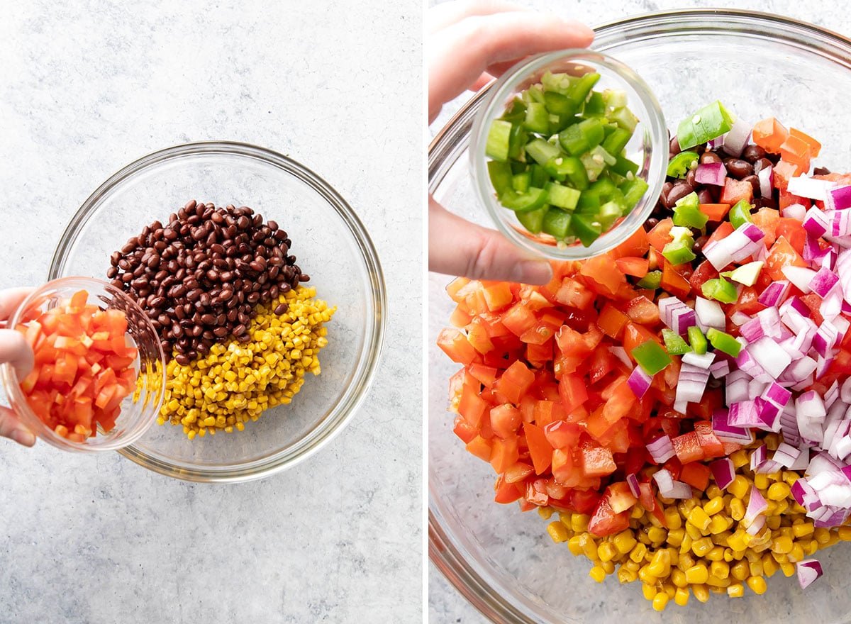 Two photos showing How to Make Black Bean and Corn Salsa – adding chopped tomatoes and diced jalapenos to a bowl filled with black beans and corn
