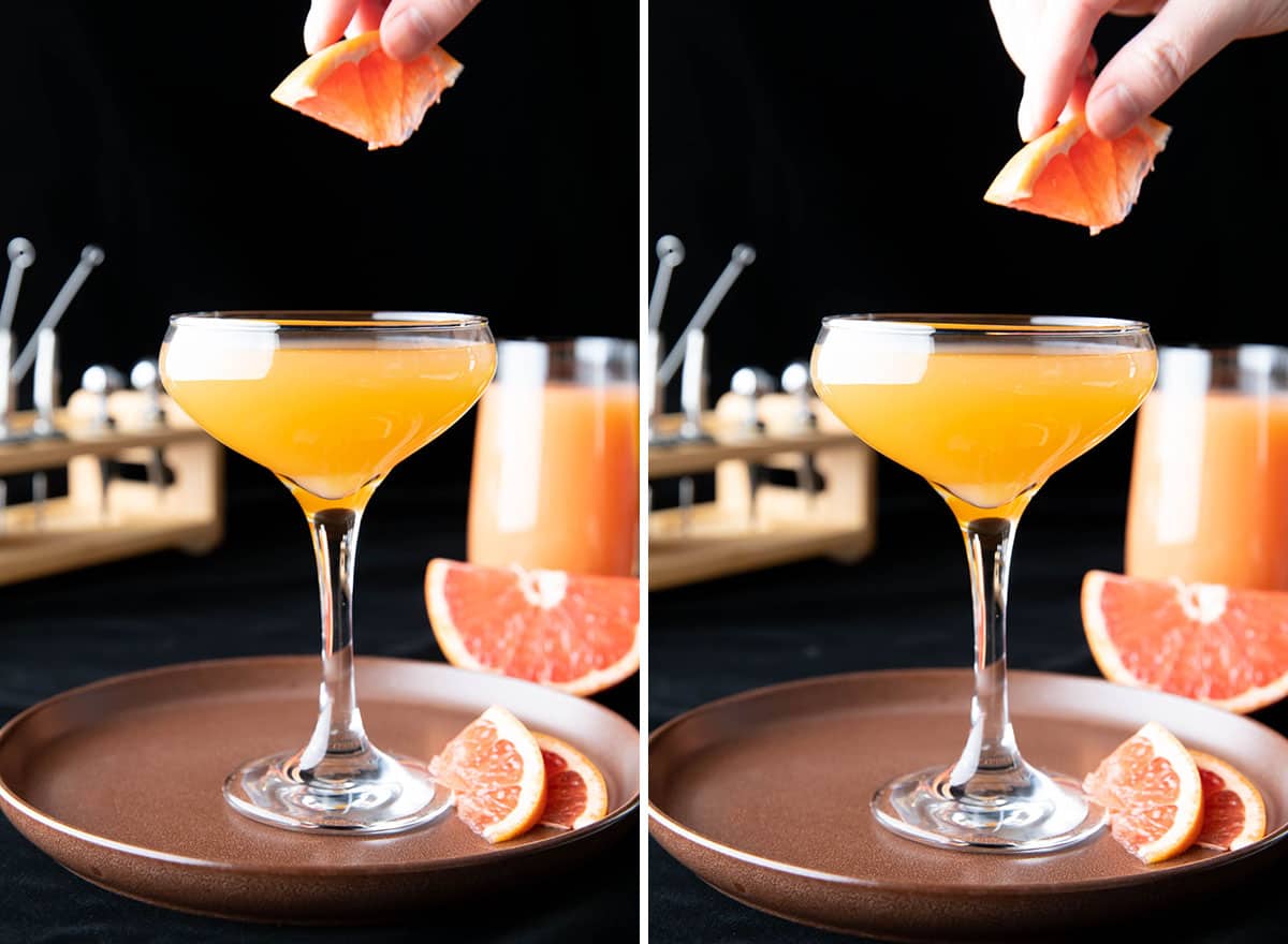 Two photos showing How to Make this drink – placing grapefruit slice garnish on cocktail glass rim