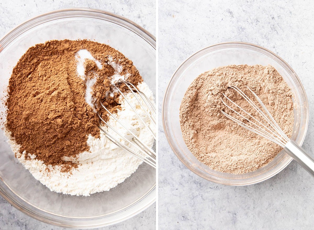 Two photos showing How to Make Brownie Cookies – whisking together cocoa powder, flour, and more dry ingredients