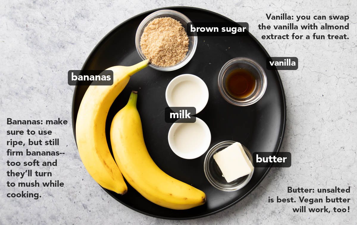 Ingredients to make Caramelized Bananas on a plate, including bananas, brown sugar, milk, and butter