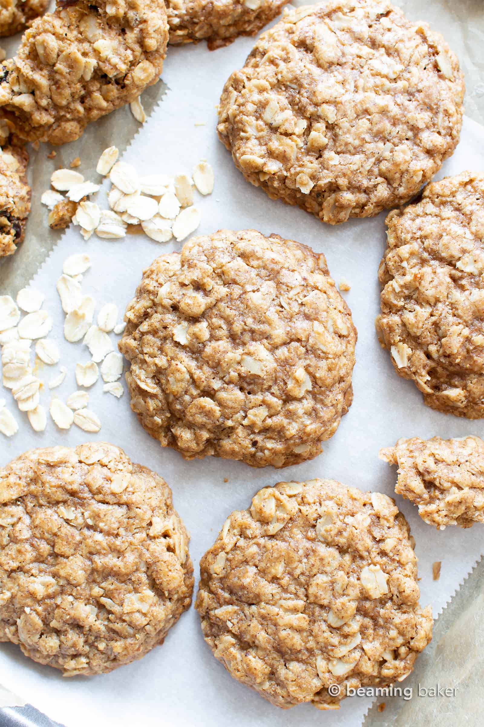 Easy Vegan Oatmeal Cookies (GF): a Simple recipe for the BEST Vegan Oatmeal Cookies! Chewy, moist centers with crispy, caramel-y edges & packed with comforting oatmeal. #OatmealCookies #Vegan #GlutenFree #Cookies | Recipe at BeamingBaker.com