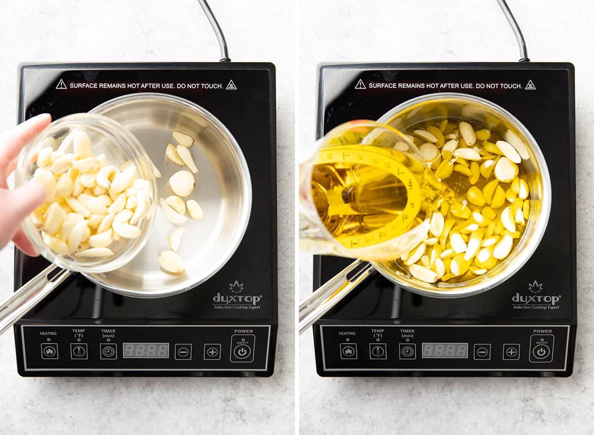 Two photos showing How to Make Garlic Confit – adding garlic and oil to saucepan
