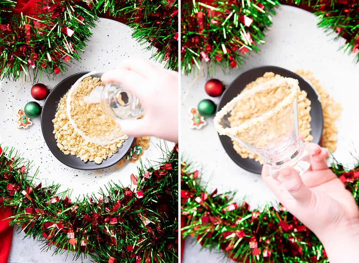 Two photos showing how to make Gingerbread Martini – making gingerbread cookie rim