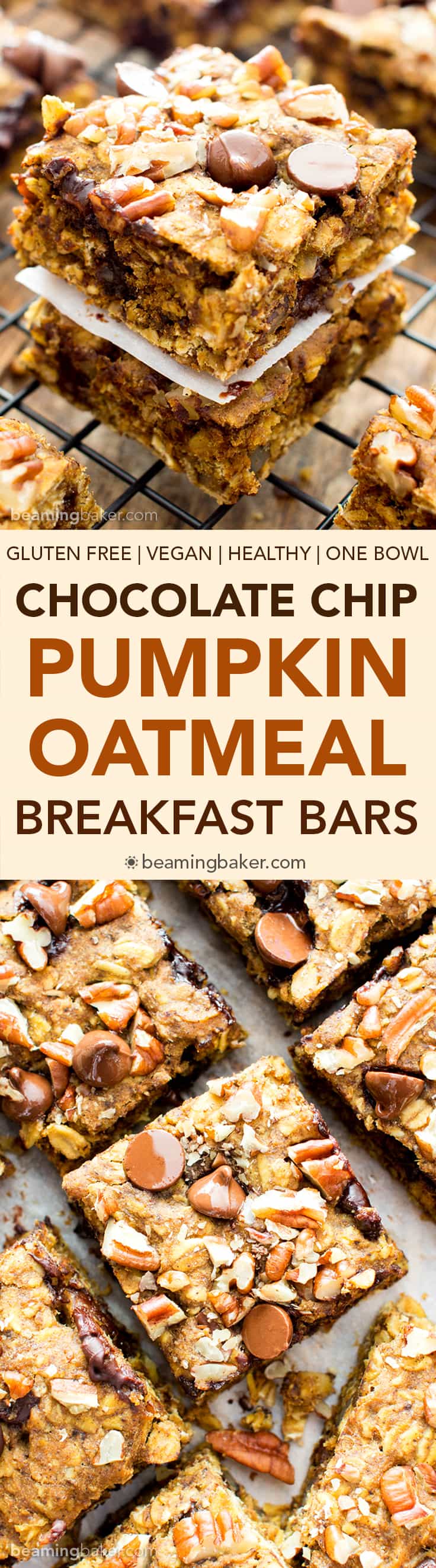 Gluten free pumpkin bars bursting with pumpkin spice goodness. Easy to customize pumpkin oatmeal bars that are vegan. #GlutenFree #Pumpkin #Vegan #PumpkinBars | Recipe at BeamingBaker.com