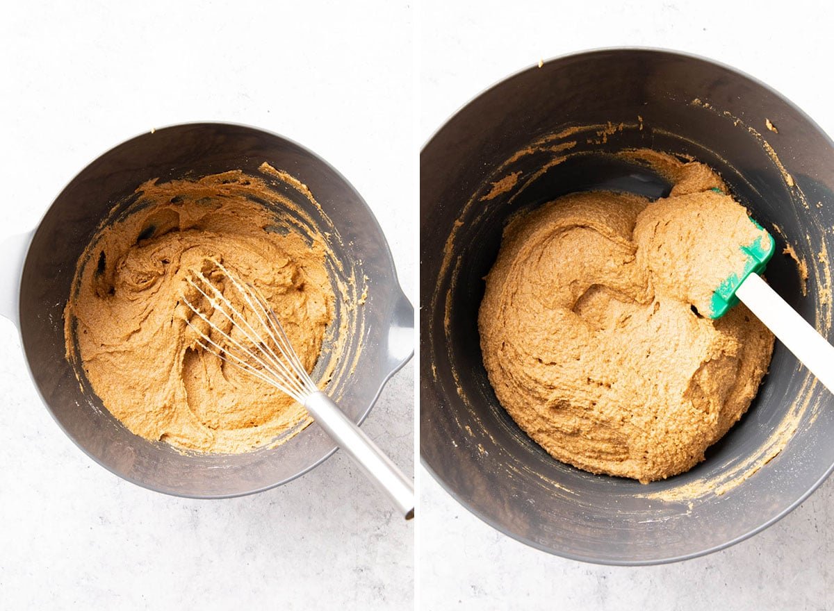 Two photos showing How to Make Oat Flour Pumpkin Bread – whisking and folding batter