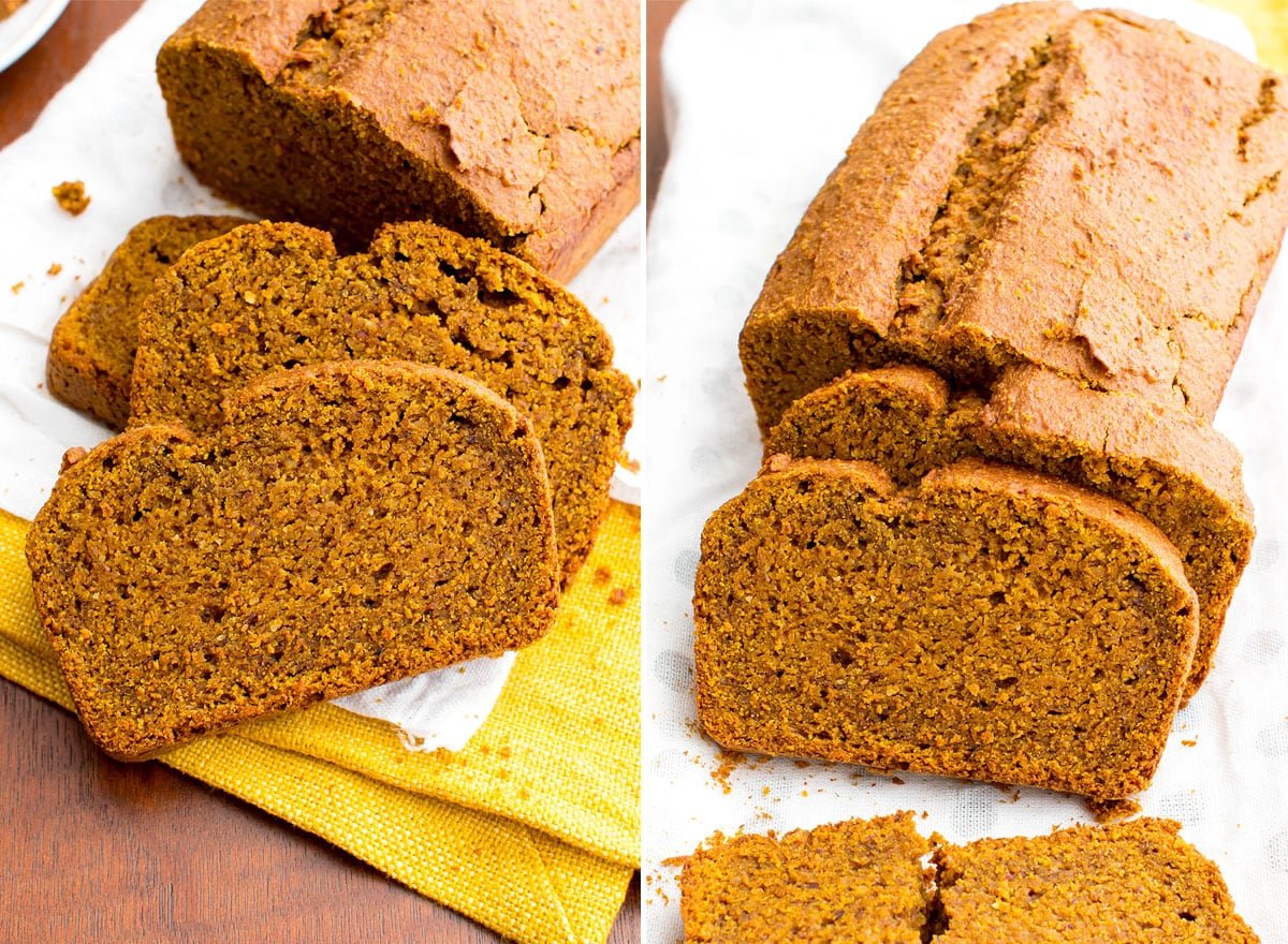 Two photos showing slices of pumpkin bread fanned out in front of remaining uncut loaf.