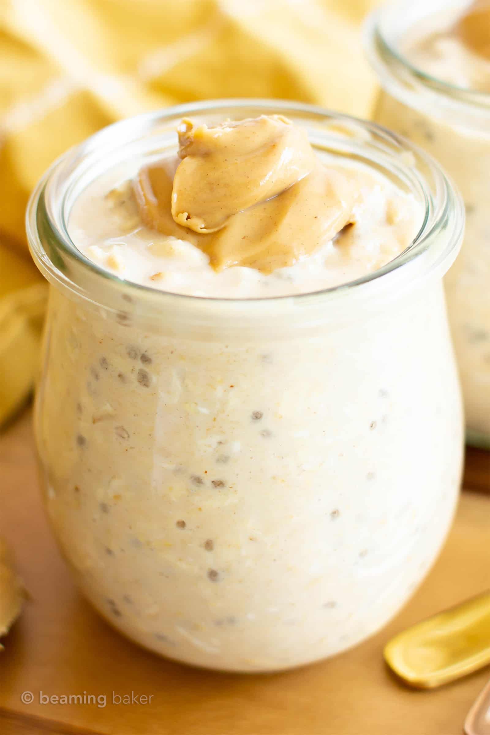 closeup shot of gluten free overnight oats topped with creamy nut butter