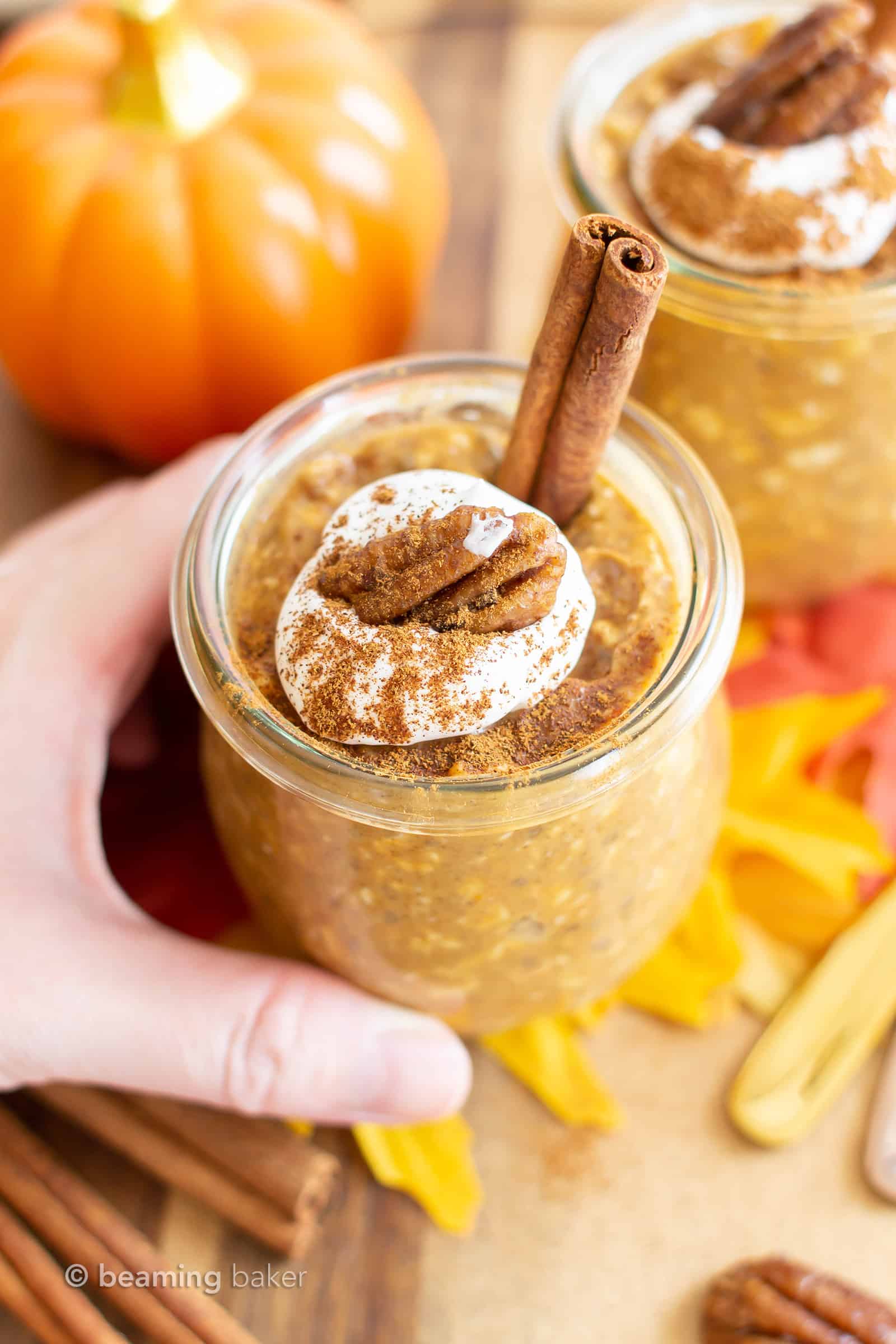 this breakfast recipe in a jar, held in one hand