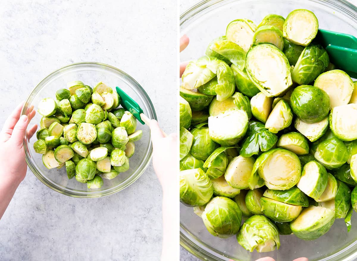 Two photos showing How to Make Honey Sriracha Brussels Sprouts – adding seasoning 