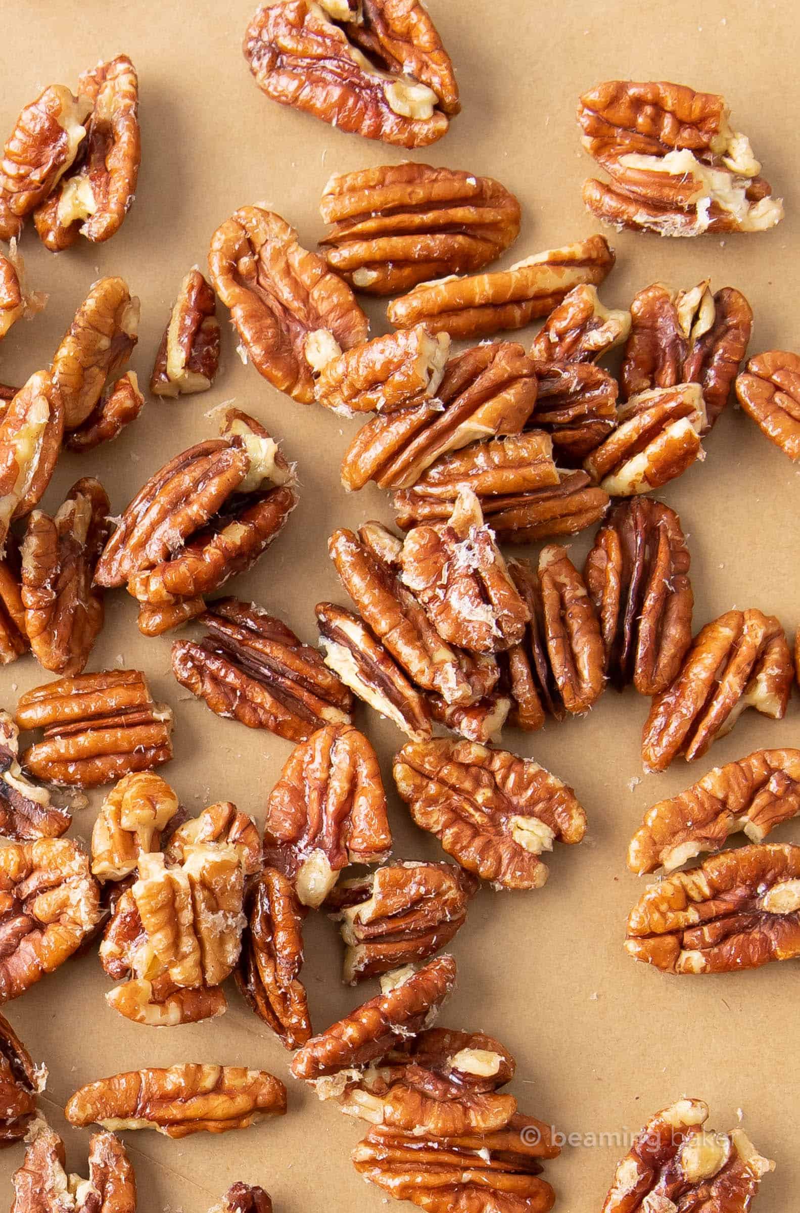 Closeup shot of candied pecans keto-style