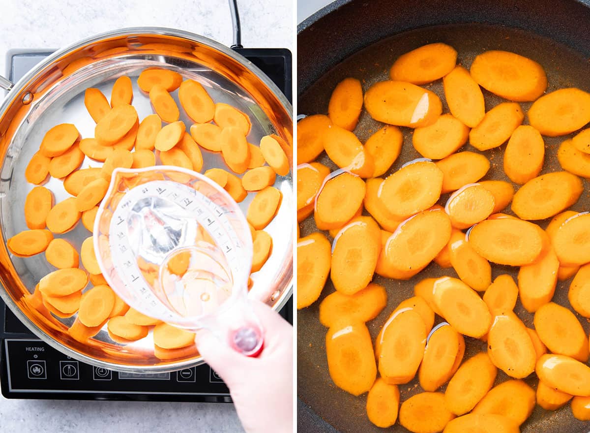 Two photos showing how to make maple glazed carrots – adding water and seasoning 