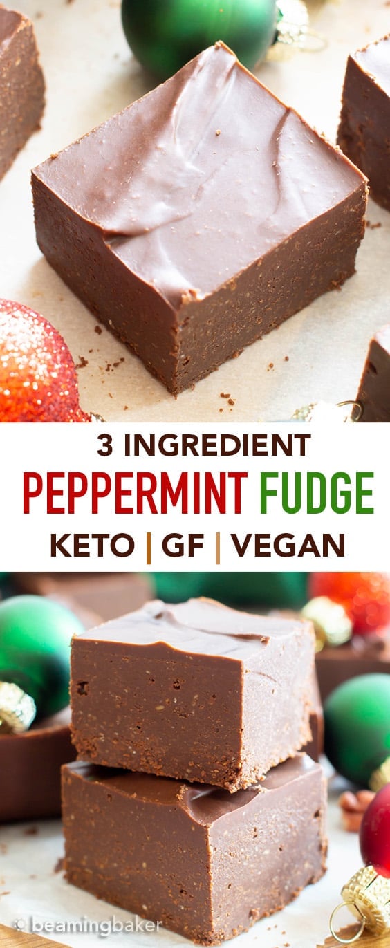 3 Ingredient Low Carb Peppermint Chocolate Fudge: this super easy keto chocolate fudge recipe is perfect for the holidays! Cool, minty & indulgent—the best keto peppermint fudge: Sugar Free, Low Carb, Vegan. #Keto #LowCarb #Fudge #Christmas #SugarFree | Recipe at BeamingBaker.com
