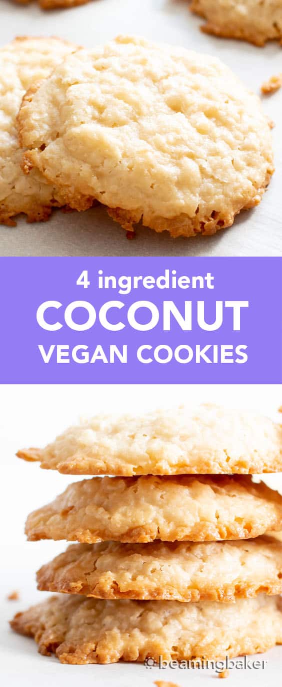 4 Ingredient Vegan Coconut Cookies: chewy, crispy healthy coconut cookies bursting with coconut flavor. The best gluten free coconut cookies—paleo ingredients, delicious! #Vegan #Cookies #Paleo #Healthy #Coconut | Recipe at BeamingBaker.com