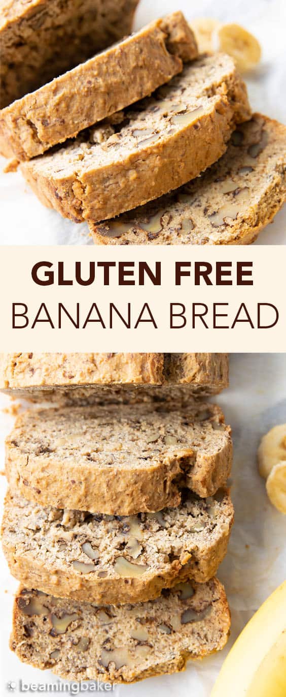 Easy Gluten Free Banana Bread Recipe: learn how to make gluten free banana bread that’s deliciously moist with a soft crumb & beautiful rise. Vegan, Dairy-Free, Plant-Based. #BananaBread #GlutenFree #Banana #Vegan | Recipe at BeamingBaker.com