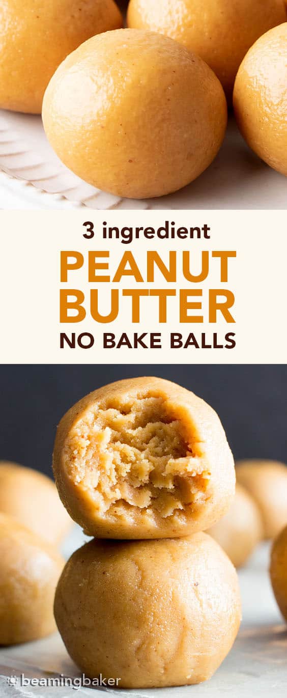 No Bake Peanut Butter Balls: just 3 ingredients for the best peanut butter bites—no bake, easy to make, simple & healthy ingredients. Soft and delicious no bake peanut butter balls. Vegan. #NoBake #PeanutButter #NoBakeBalls #NoBakeBites | Recipe at BeamingBaker.com