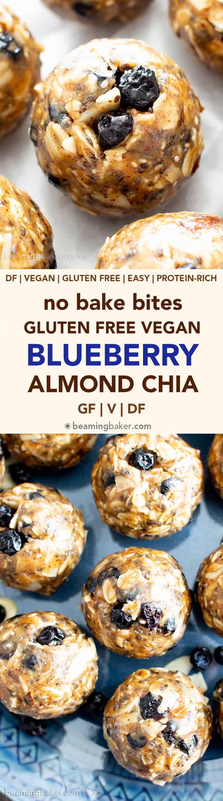 No Bake Blueberry Almond Chia Energy Bites (V, GF): a quick ‘n easy snack recipe for protein-rich no bake bites made with your favorite healthy ingredients! #Vegan #GlutenFree #ProteinRich #HealthySnacks #NoBake #Blueberries | Recipe at BeamingBaker.com