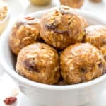 No Bake Oatmeal Raisin Bites (V+GF): A super easy, one bowl recipe for healthy energy bites bursting with oatmeal raisin cookie flavor. #Vegan #GlutenFree | BeamingBaker.com