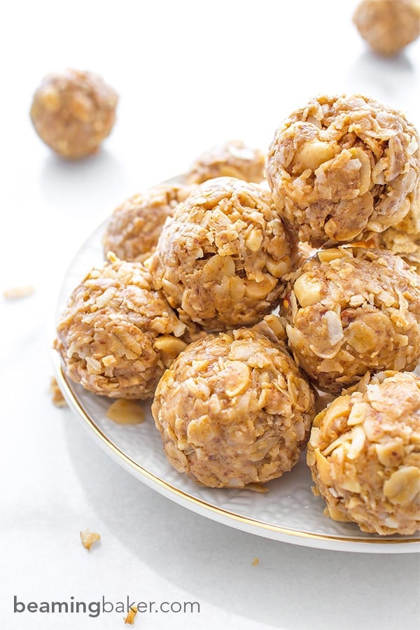 No Bake Peanut Butter Coconut Bites: delicious, easy to make, energy-boosting and super-filling. Made of just 6 simple ingredients, vegan, gluten free and healthy! BEAMINGBAKER.COM