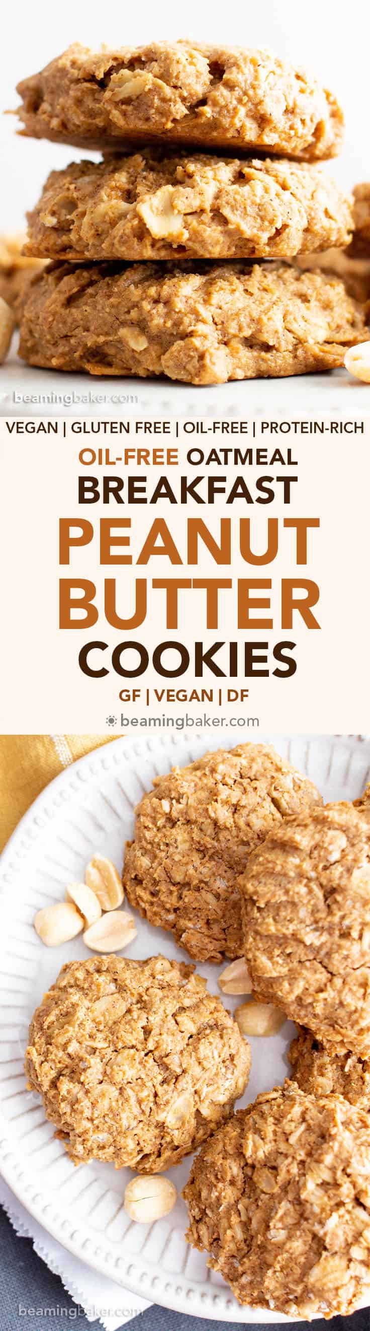 Oil-Free Peanut Butter Oatmeal Breakfast Cookies (V, GF): chewy ‘n healthy breakfast cookies bursting with peanut butter flavor and packed with nutritious ingredients! #Vegan #GlutenFree #BreakfastCookies #BeamingBaker #GlutenFreeVegan #OilFree #PeanutButter #Oatmeal #VeganCookies | Recipe at BeamingBaker.com