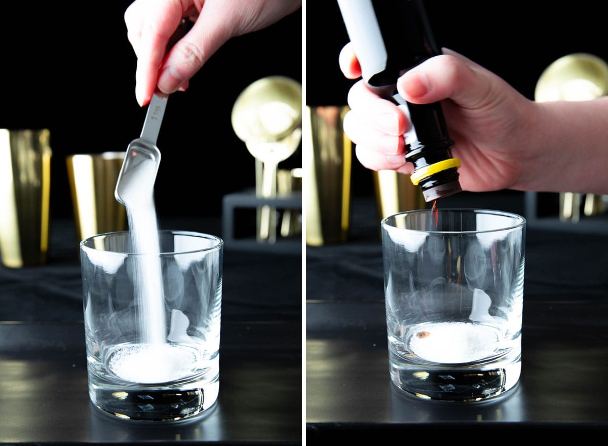 Two photos showing How to Make an Old Fashioned Drink Recipe – adding sugar and Angostura bitters to a cocktail glass