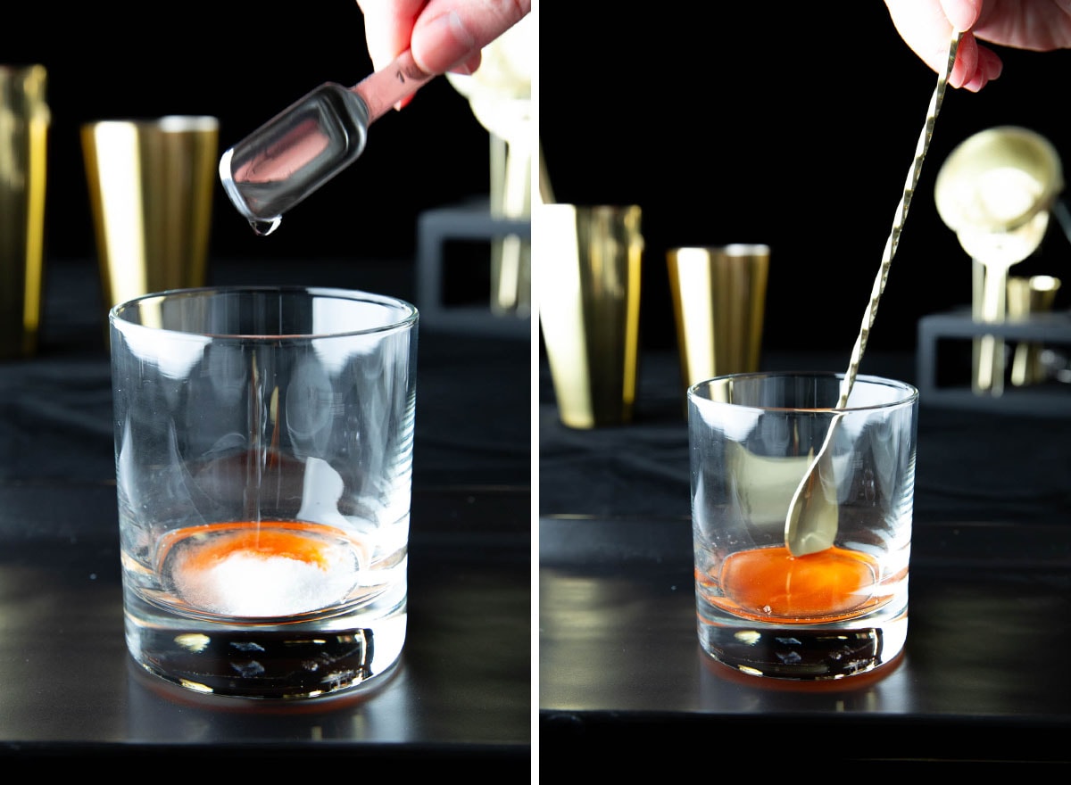 Two photos showing How to Make an Old Fashioned Drink– adding water and stirring with a cocktail stirring spoon