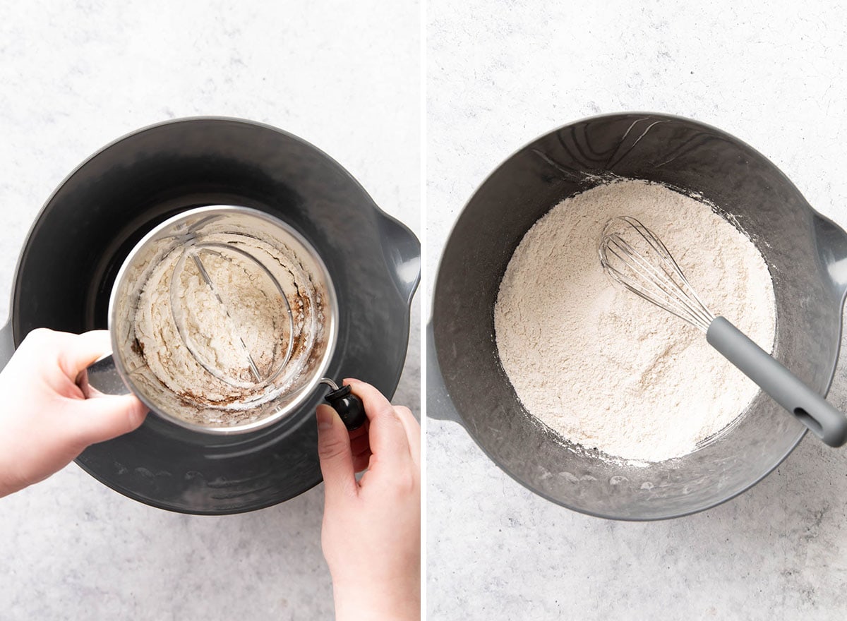 Two photos showing How to Make Pumpkin Pancakes – sifting and whisking the dry ingredients