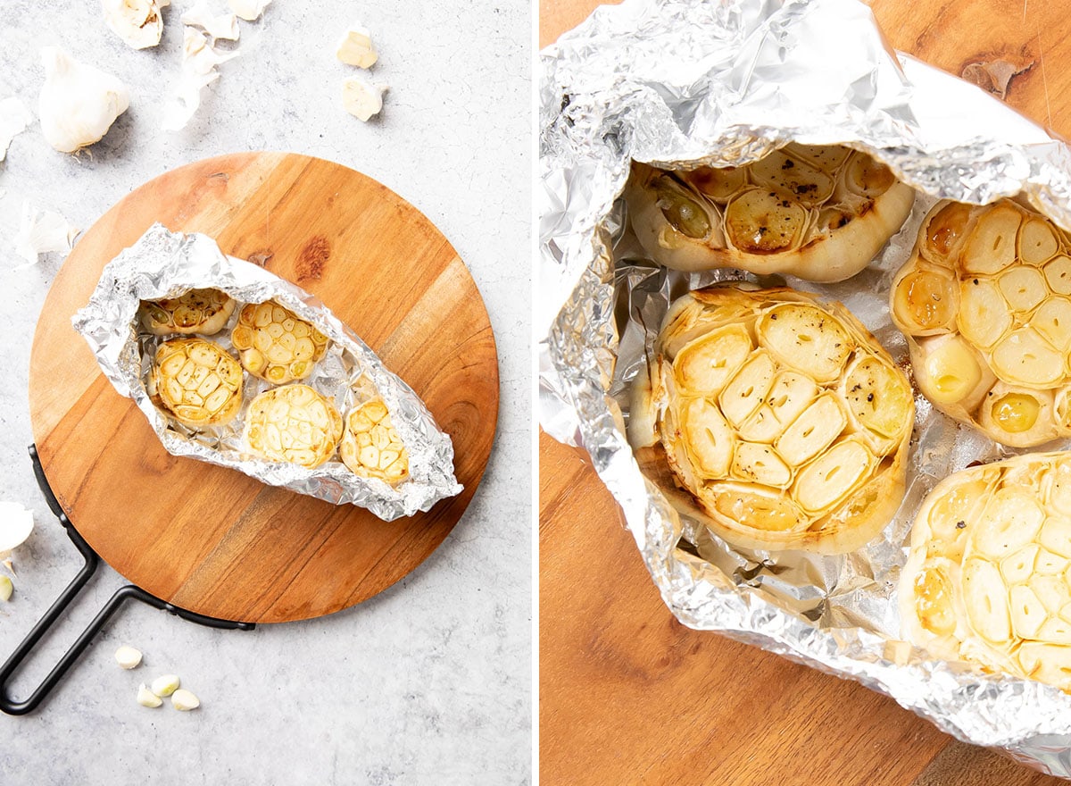 Two photos showing How to Make Roasted Garlic Aioli – roasting the garlic
