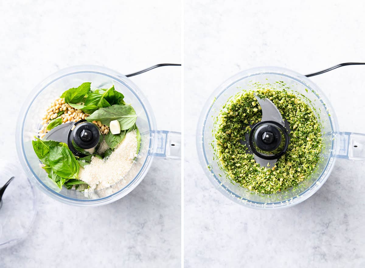 Two photos showing How to Make Vegan Pesto – adding ingredients and blending