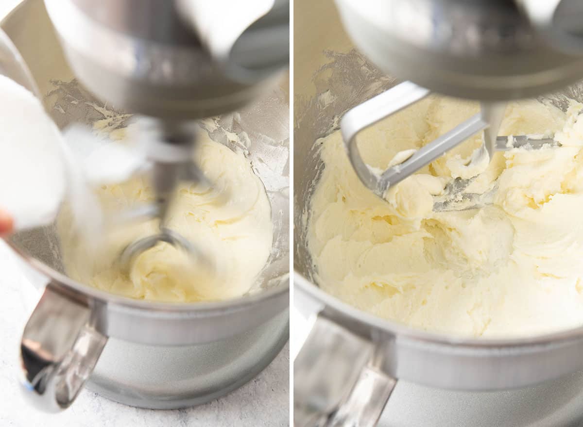 Two photos showing How to Make Whipped Shortbread Cookies – creaming butter and sugar  