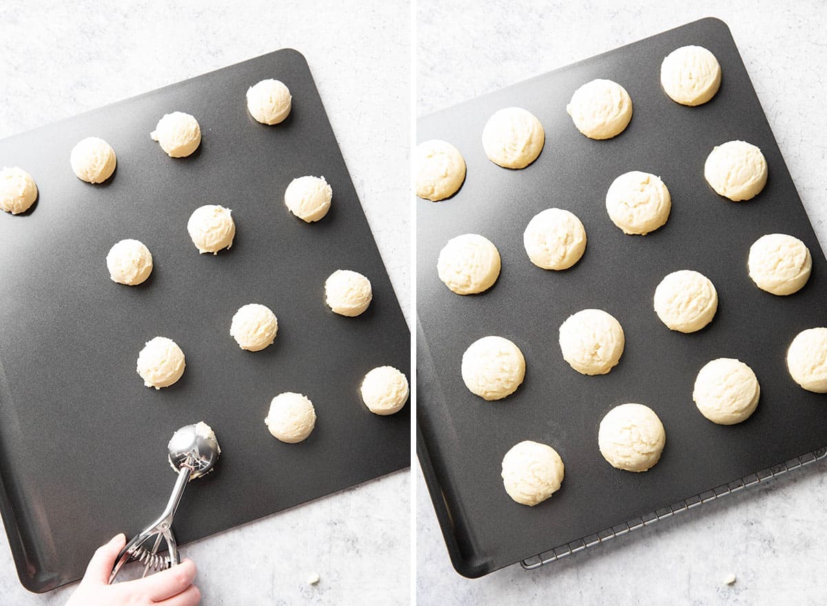 Two photos showing How to Make this recipe – scooping dough balls